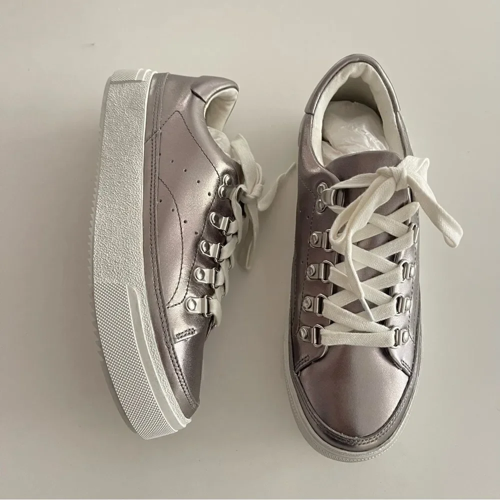 ALLSAINTS Womens Silver Metallic Quinn Round Toe Platform Leather Sneakers Shoes